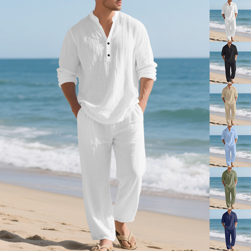 Mens Linen Shirt Long Sleeve - Linen Autumn New Men's Suit Beach