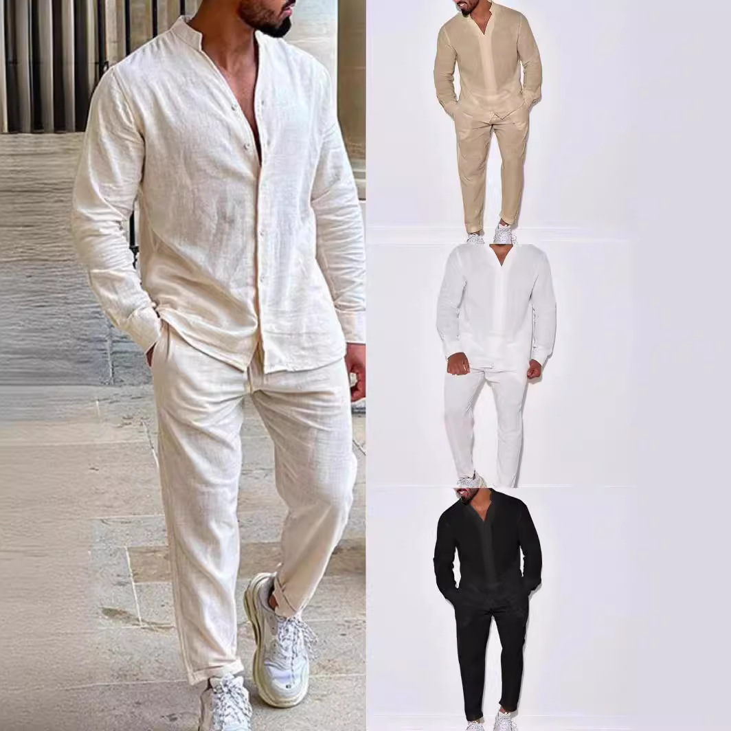Mens Sets Linen Spring Autumn  - Mens Linen Shirt Long Sleeve review and price