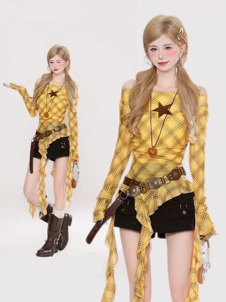 Y2K Plaid Slash Neck Vintage T - Shirts review and price