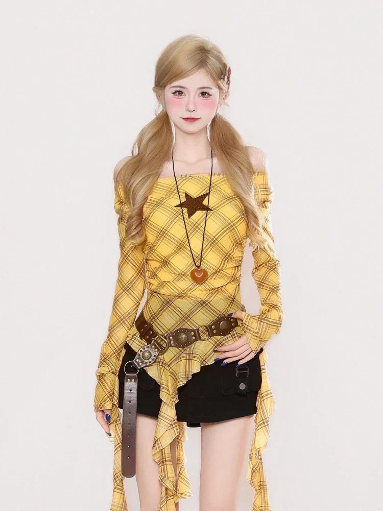 Y2K Plaid Slash Neck Vintage T - Shirts review and price