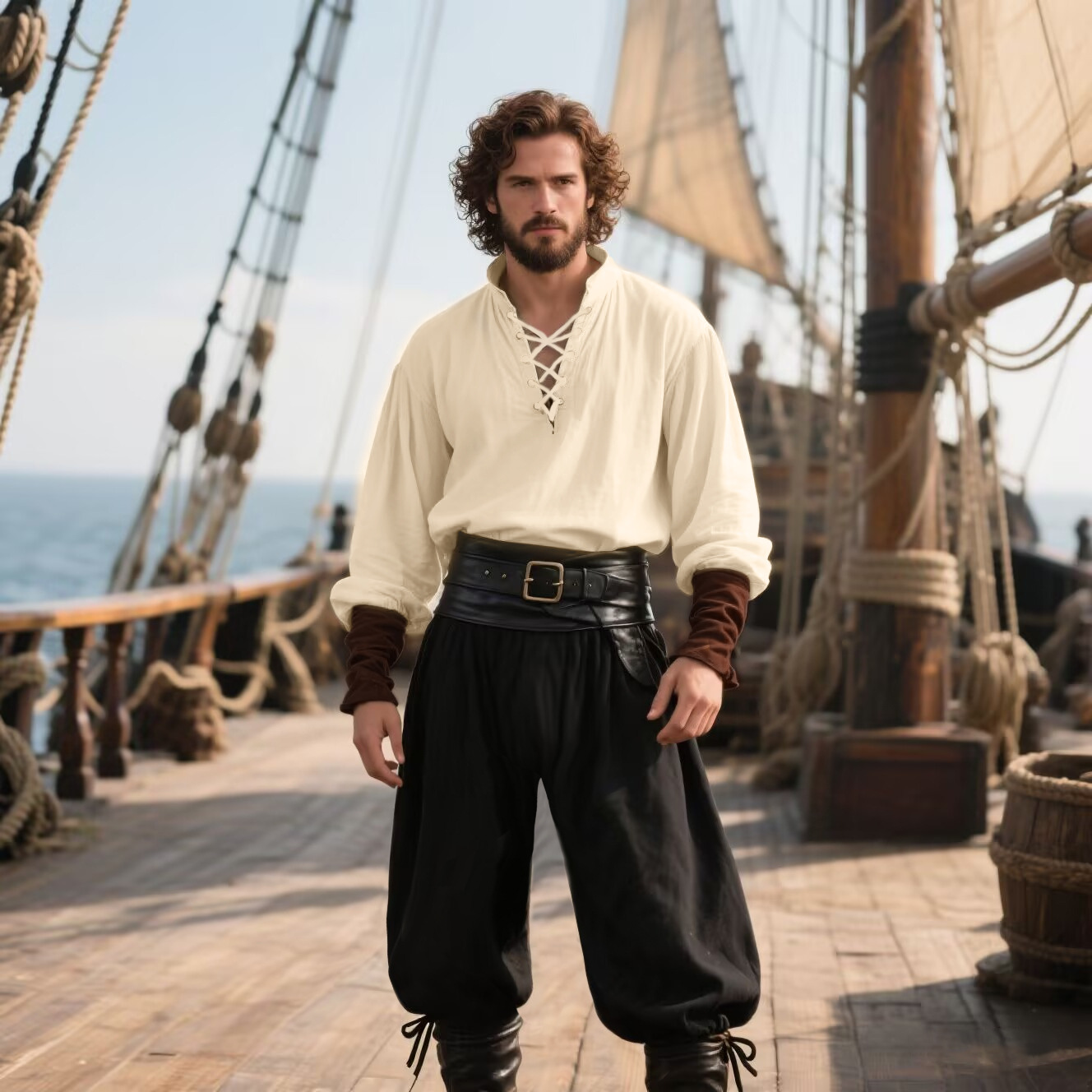 Halloween Pirate Costume Men's - Medieval Gothic Lace Up Pirate Shirt review and price
